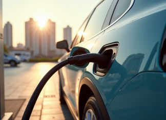 Voiture électrique en charge à une station moderne en ville