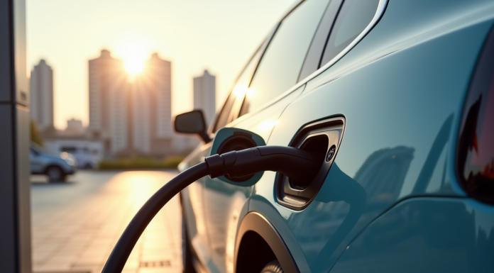 Voiture électrique en charge à une station moderne en ville