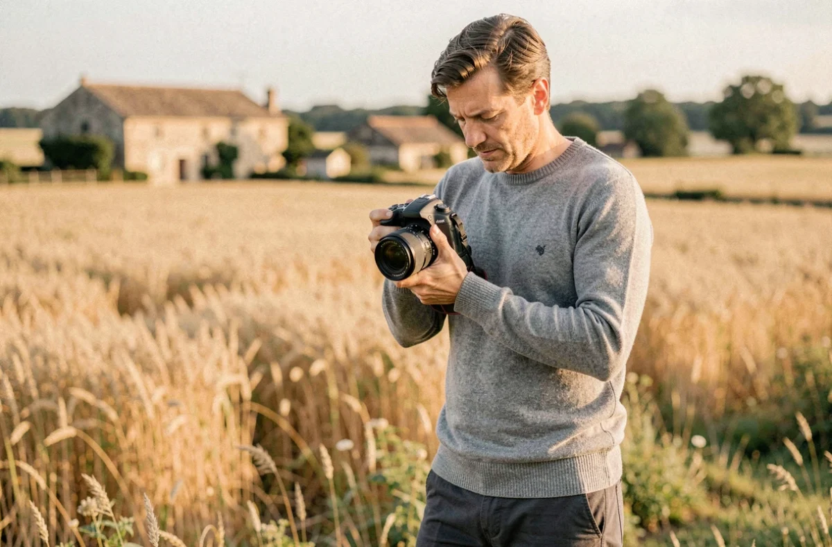 Yann Clérembault photographe consultant ses clichés lors d'une séance en plein air dans le Tarn